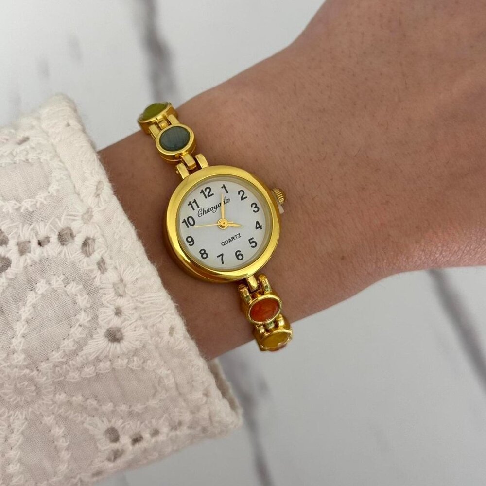 Sku0516 Retro Gold Multicoloured Gemstones Women Casual Watch Bracelet+gift bag